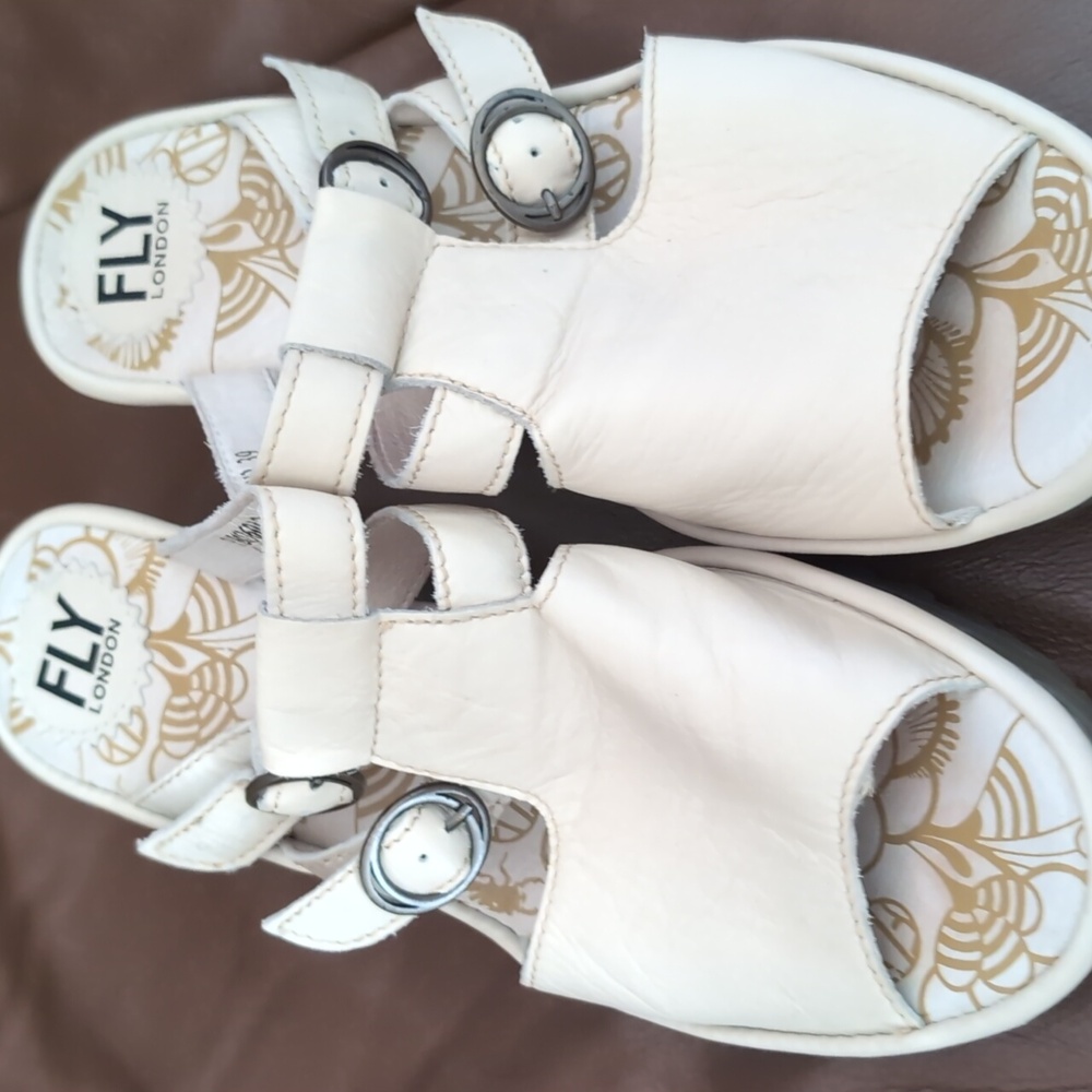 Fly London White Leather Buckle Sandals